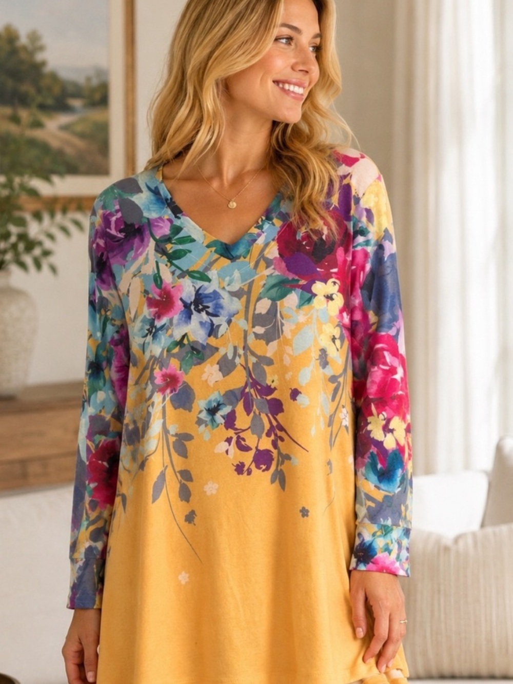 Soft Surroundings Floral Scoop Neck tunic Top Sky Blue and Mustard 25496